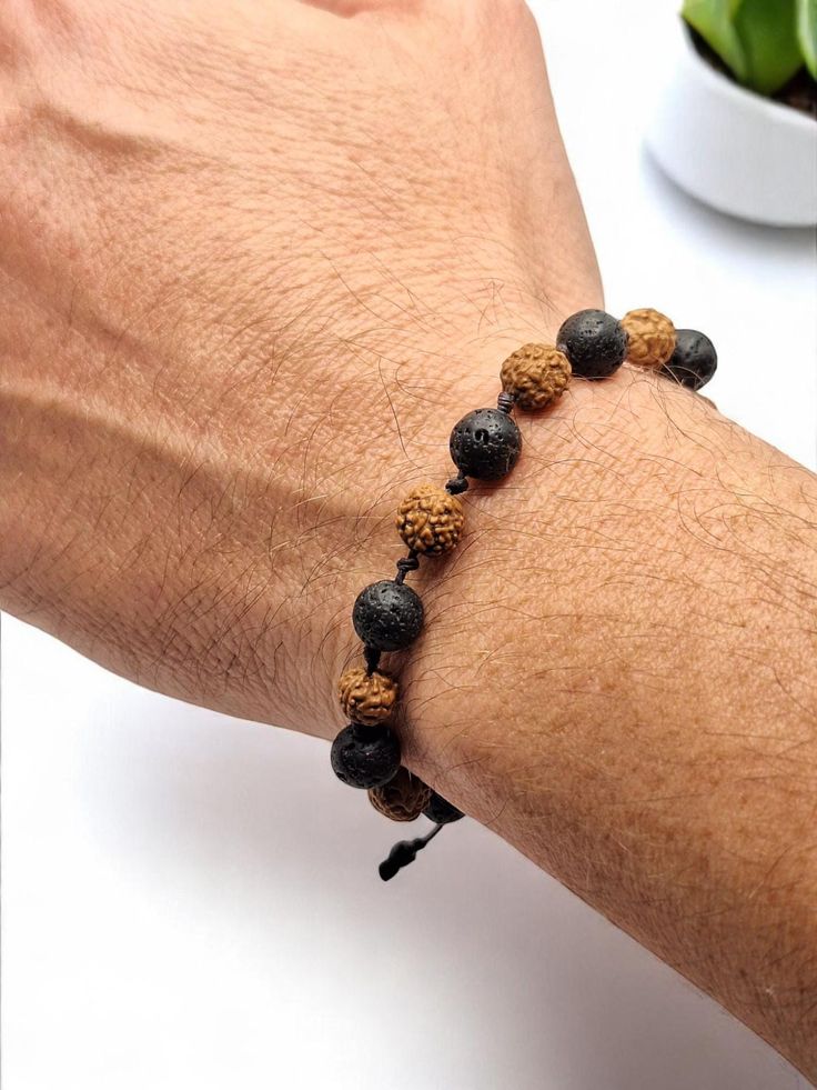 Rudraksha and Lava Stone Bracelet - Handmade Aromatherapy Diffuser Jewelry for Men & Women Karungali Rudraksha Bracelet