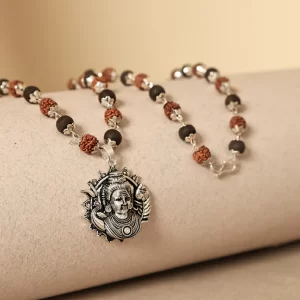 Rudraksha Karungali Malai (Silver-Cap) with Lord Murugan Face Pendant
