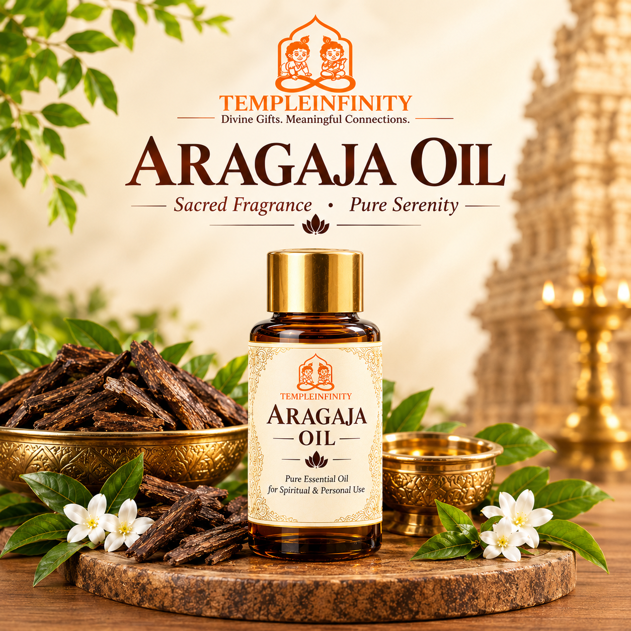 TempleInfinity Aragaja Oil 1 TempleInfinity Aragaja Oil bottle with natural aromatic wood and botanical elements